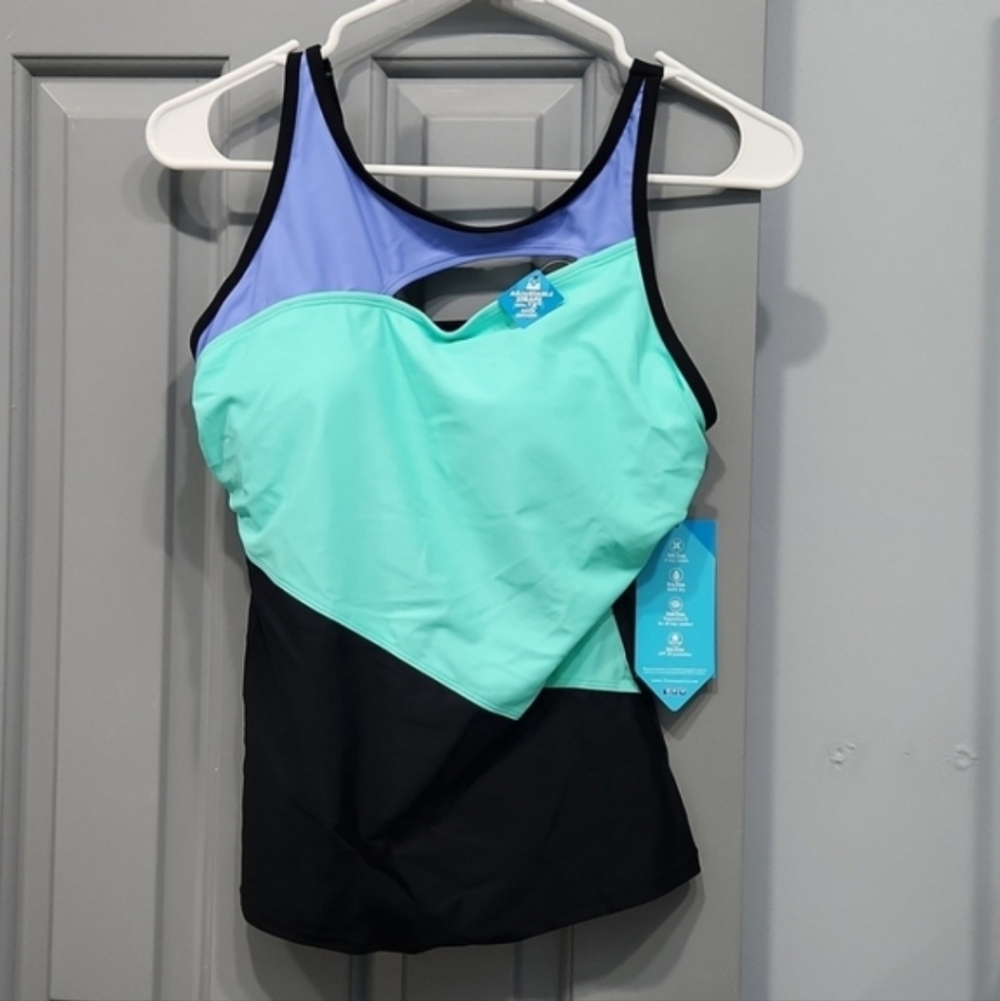 NWT Free Country Keyhole Tankini Swimsuit Top Blue Spearmint Green Black